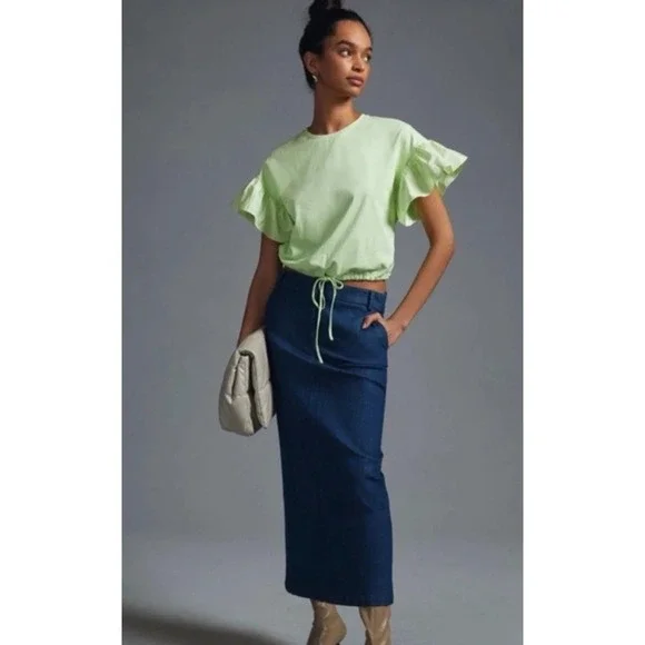 Anthropologie Maeve Top Size XS English Factory Ruffled Drop Shoulder Lime - Picture 3 of 13